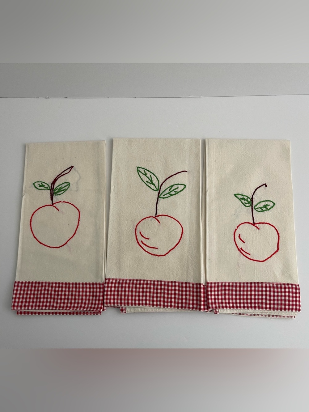 Antique Hand Embroidered Fruit Gingham Hand Towels Set of 3